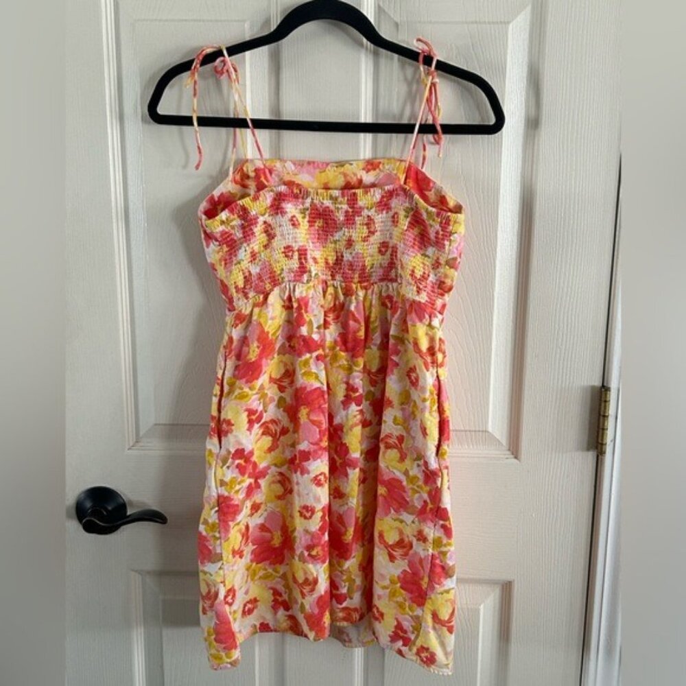 Old Navy Sz Small Yellow Pink Floral Mini Dress Tie Straps Linen Blend Pockets - Picture 10 of 15